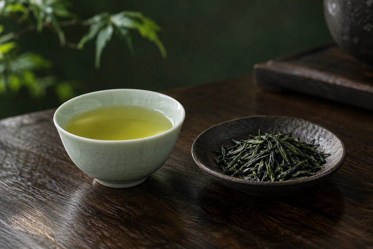 Pale green gyokuro tea beside dark rolled tea leaves.