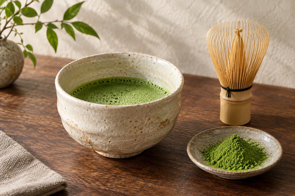 A bowl of matcha, fine tea powder and a bamboo whisk.