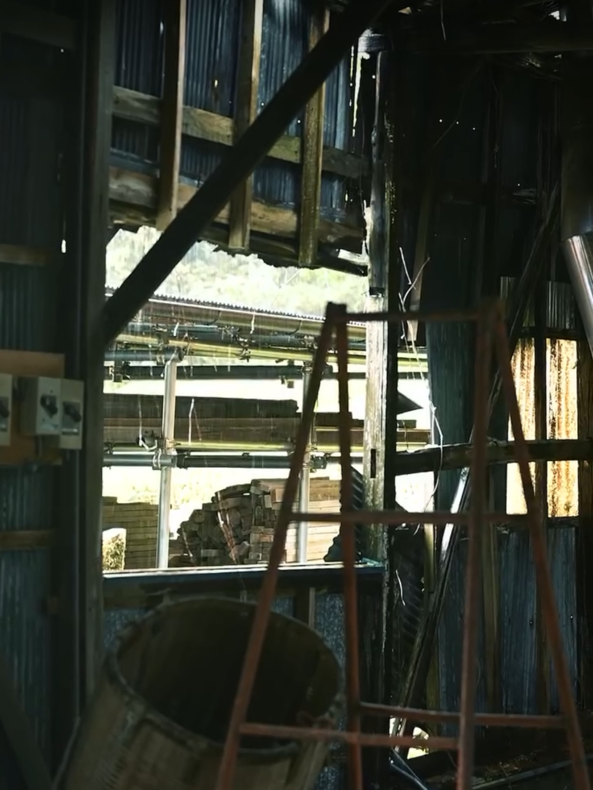 Wooden beams inside the tea factory.