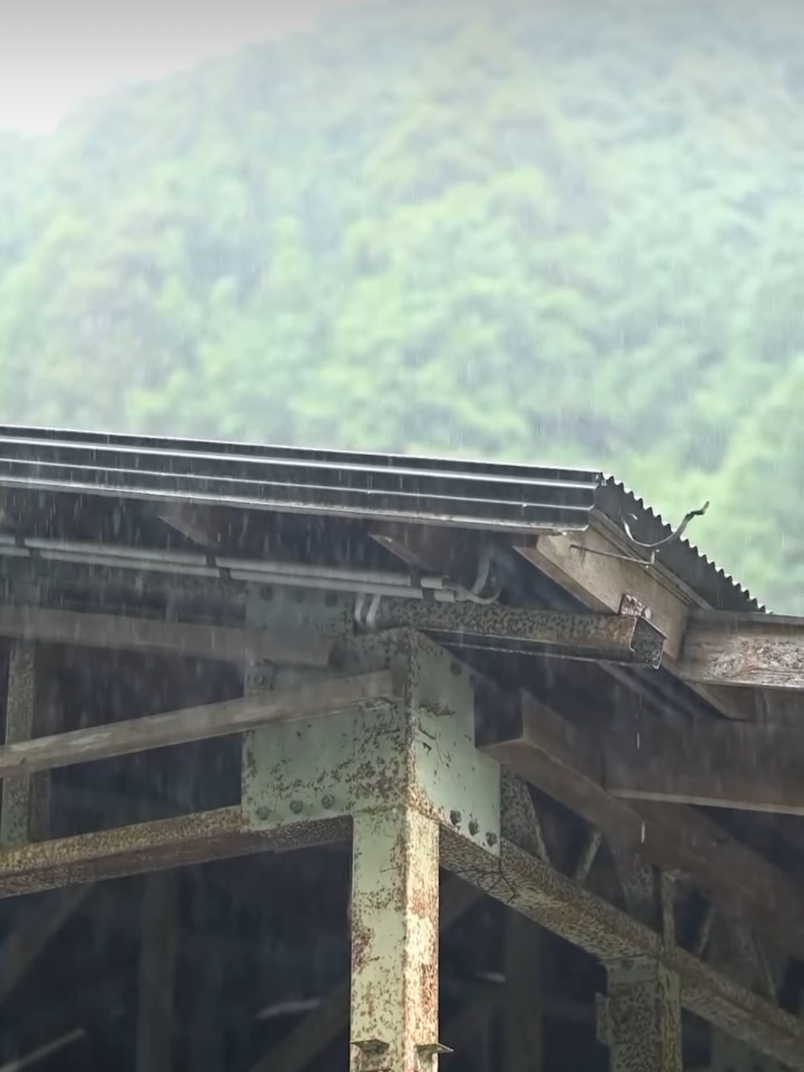 The old factory roof against green mountains.
