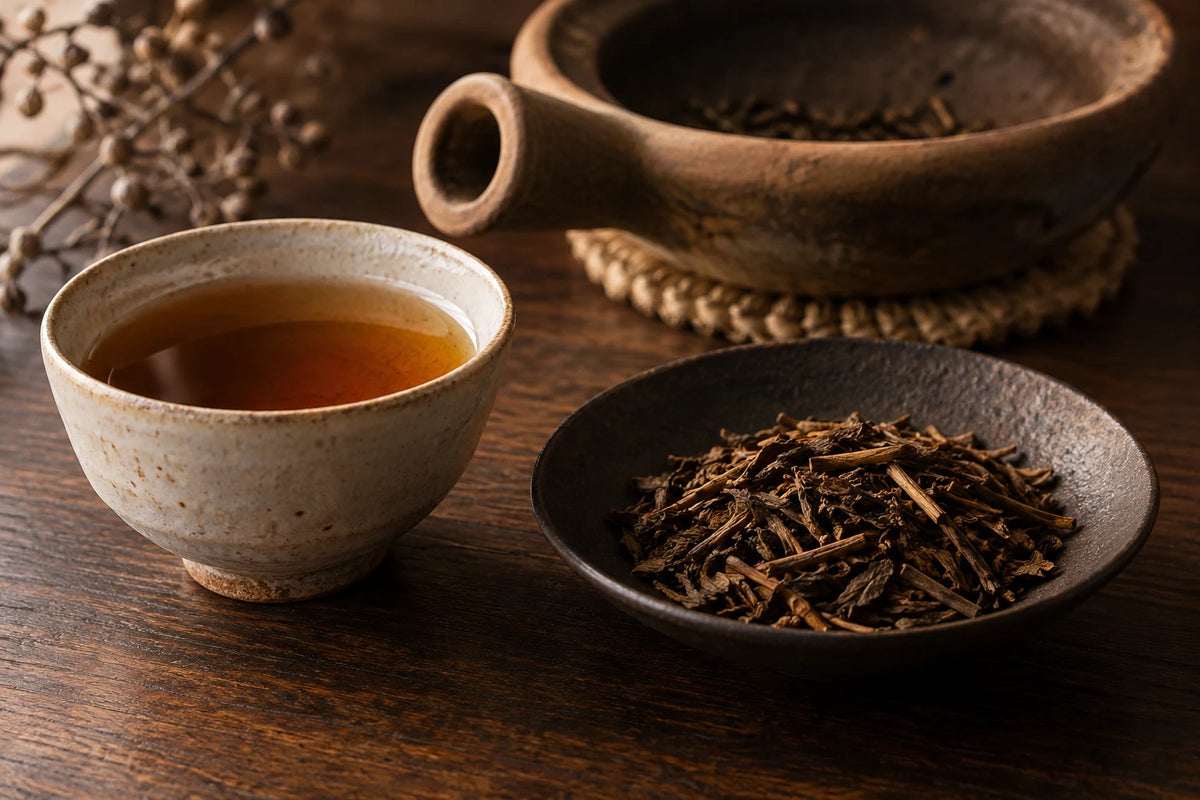 Amber roasted tea with brown leaves and stems.