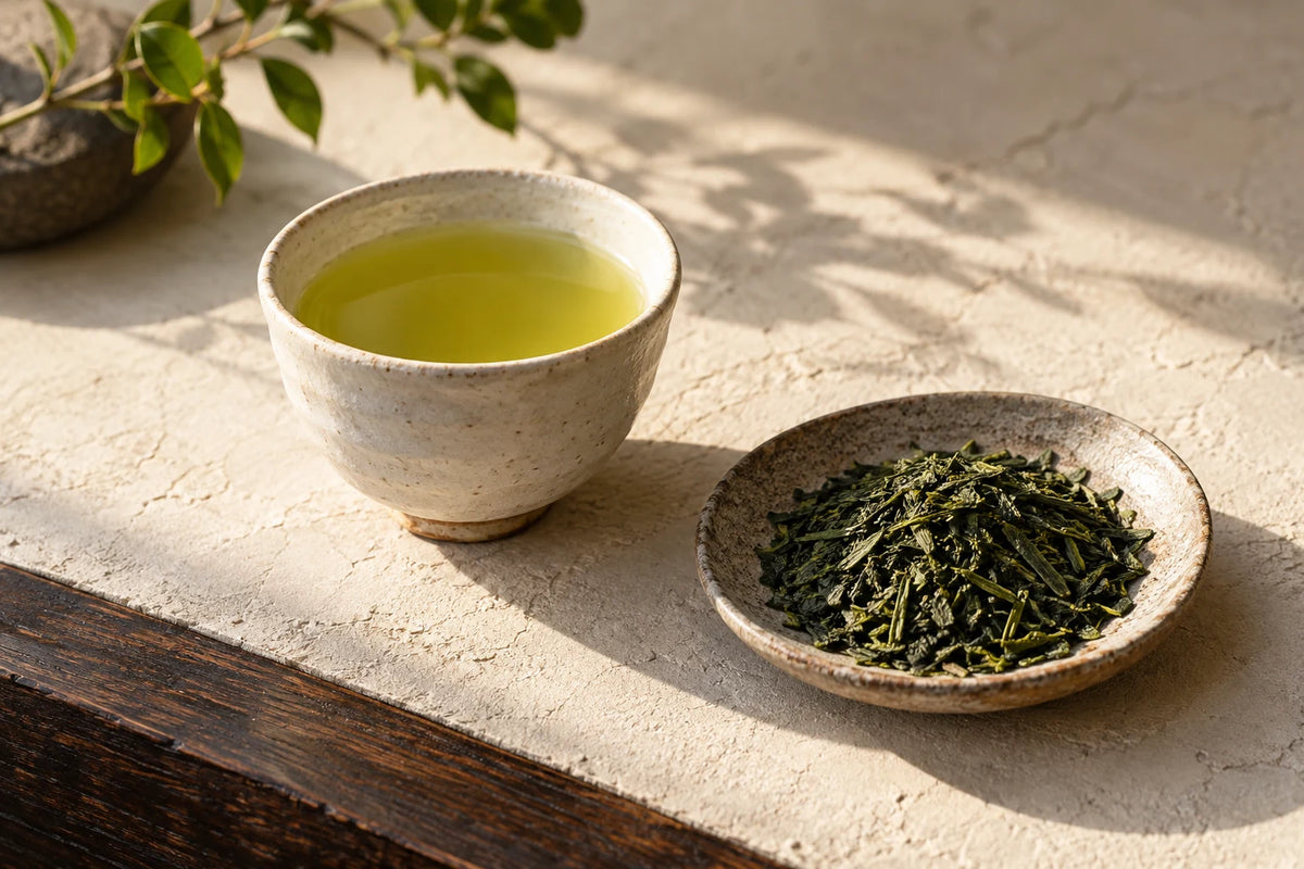 A cup of yellow-green sencha beside dry tea leaves.