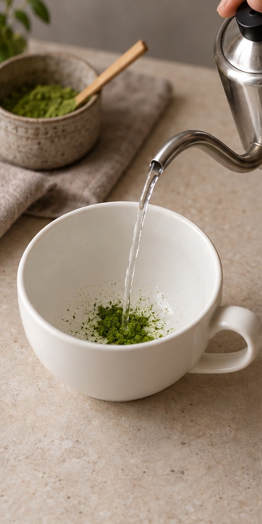 Versa matcha e acqua calda nella tazza