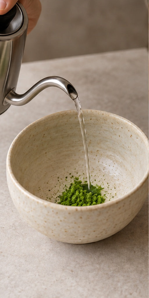 Versa matcha e acqua calda nel chawan