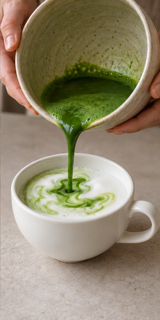 Versa il matcha sul latte davanti al cliente