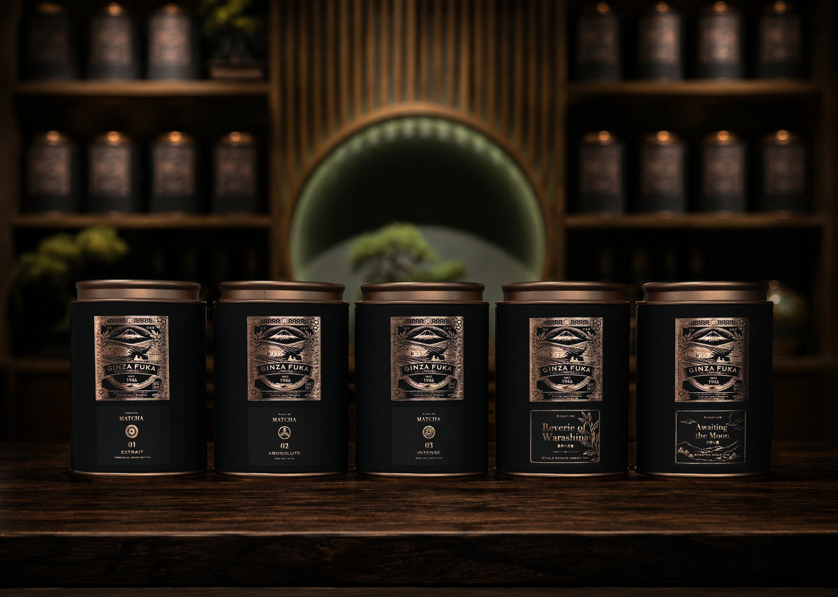 GINZA FUKA signature tea collection displayed at the boutique